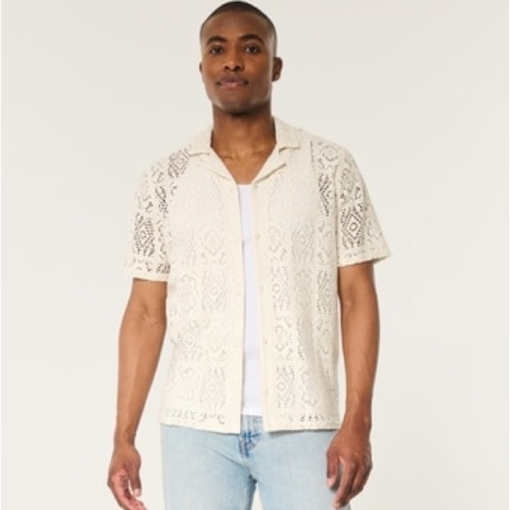 Hollister Ivory Lace Shirt Crochet Button Down Men’s M Coastal Amalfi Resortwear - Picture 10 of 10